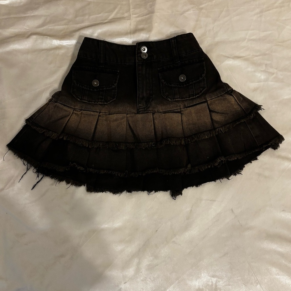 Black and Brown Frayed Denim Skirt